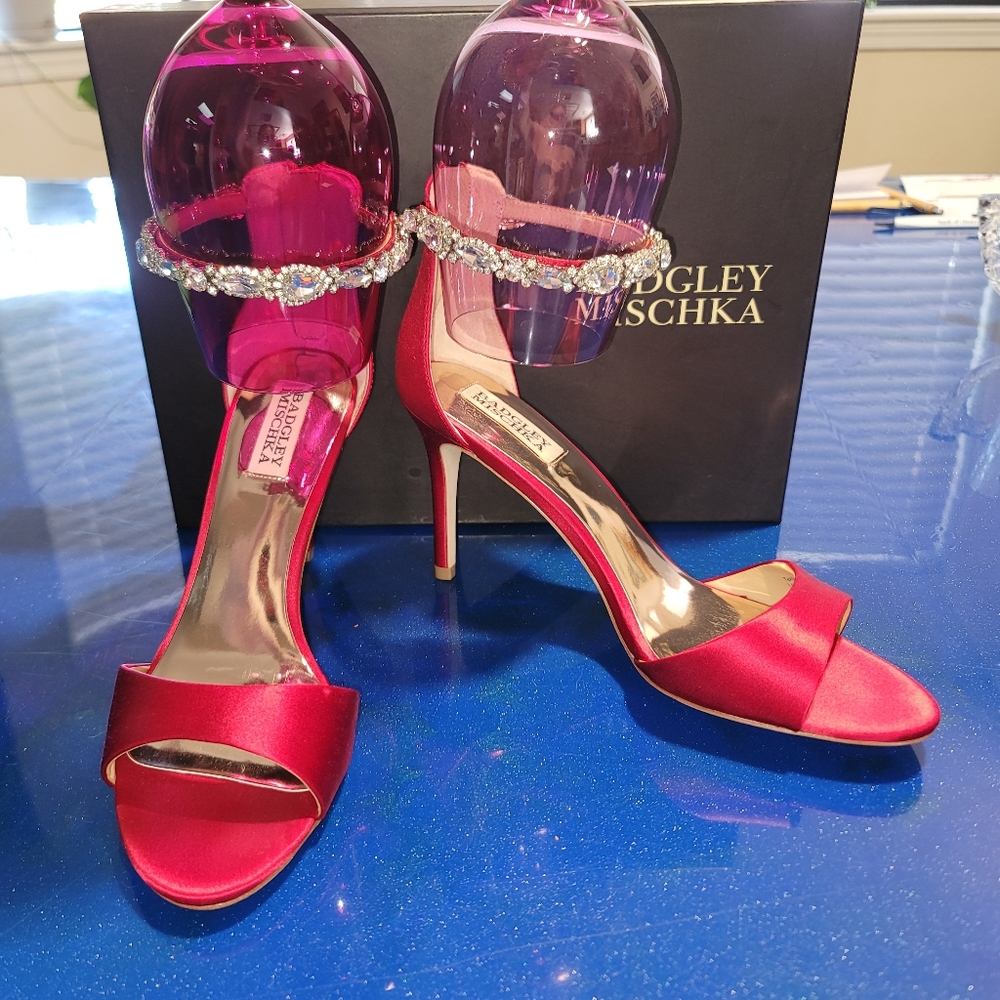Badgley Mischka Sindy Red Satin With Gem Stones Heels Size 9
